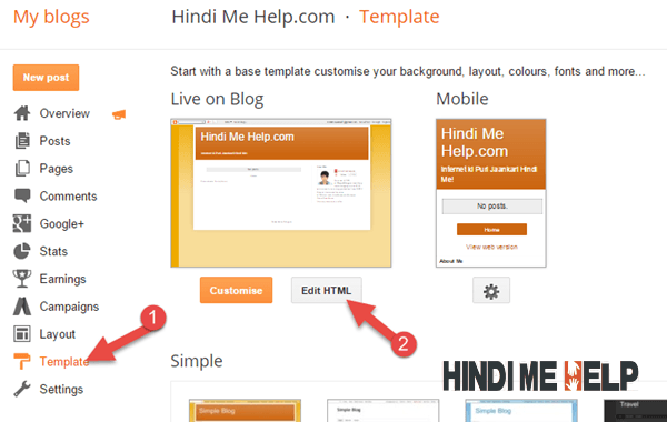 Blogger ke Template par jaa kar Edit HTML par click kare